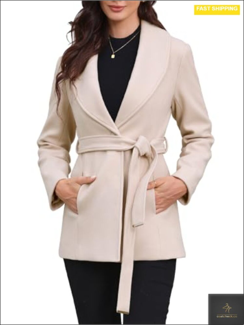 Women's Peacoat with Belt Long Sleeve Winter Coat Lapel Wool Overcoat